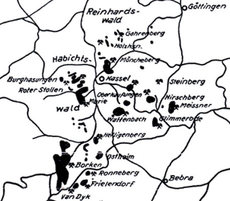 Lage der wichtigsten nordhessischen Braunkohlevorkommen in der Umgebung von Kassel