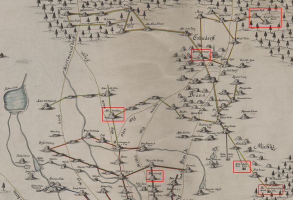 Ausschnitt einer Karte (1745) mit den Gruben und Stollen um Brand und Erbisdorf (die Karte ist gesüdet)