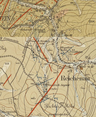 Ausschnitt aus den Geologischen Karten (Blatt 100 Dippoldiswalde-Frauenstein und Blatt 118 Nassau) mit den Erzgängen im Bereich der Grubenfelder von "Friedrich Christoph" und "Friedrich August"
