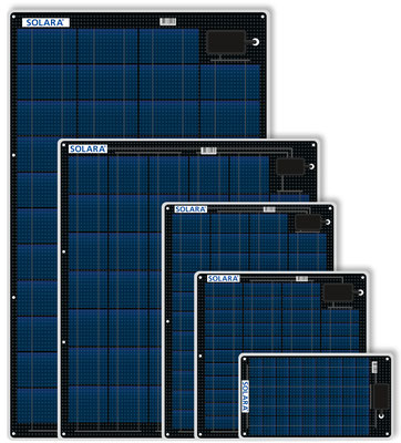 SOLARA M-Serie von 12 bis 80 Watt. Begehbar, leicht flexibel, besondes flach und leicht mit schutzabweisender Teflonoberfläche und monokristallinen Solarzellen.