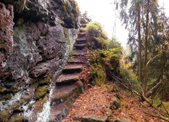 Alte Treppe an einem Pfad links unterhalb vom nördlichen Teil des Tannigtsteiges