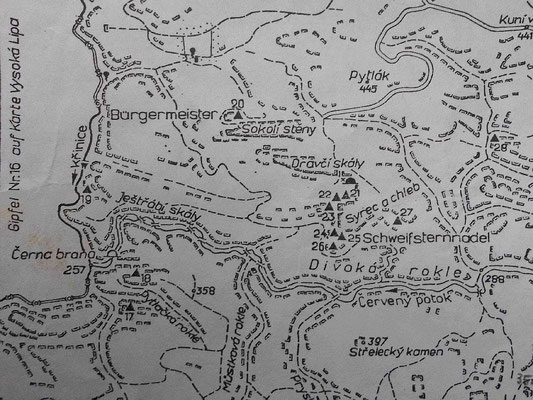Karte aus dem DDR-Kletterführer Böhmische Schweiz 1979 mit dem Gebiet um Käs und Brot, hier ist sogar die Drachenstiege noch als Pfad eingezeichnet 