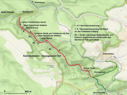 Kamnitzklamm Unwegsamer Teil (Quelle: mapy.cz, © Seznam.cz, a.s., 2016)