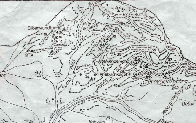 Silberwandsteig, Karte Kletterführer Böhmische Schweiz 1979
