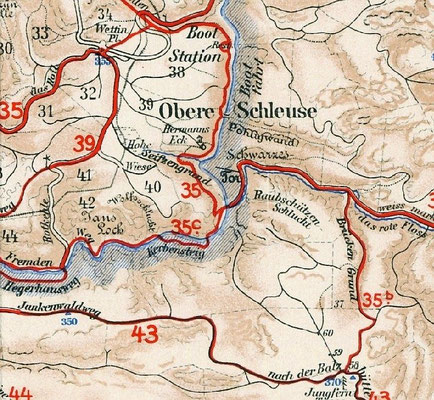 Meinholds Routenführer 1925. Die Route Nr. 35 b zur Balzhütte führt durch den Brückengrund.