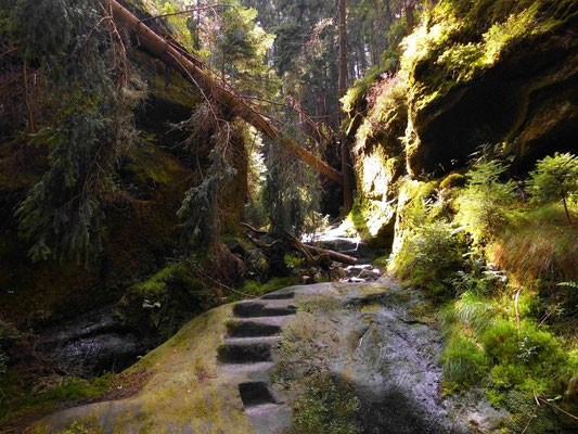 Felsige Engstelle im Brückengrund. Links die Felswand ist abgemeißelt, darunter eine ausgemeißelte Wasserrinne.
