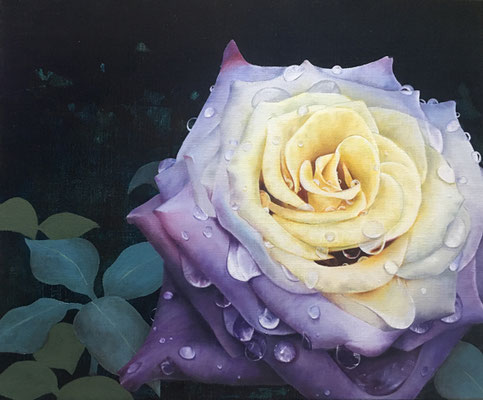 バラの園へ　アルミ箔、油彩、カンヴァス　38×45.5cm　個人蔵