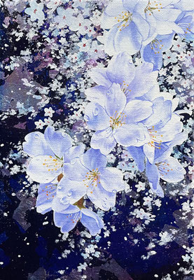 桜降る　油彩、アルミ箔、カンヴァス　22.5×15.8cm　個人蔵