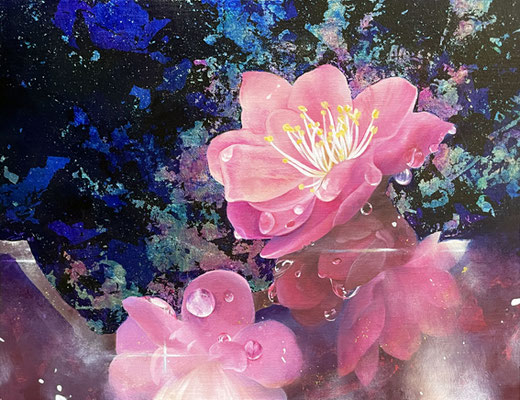 霞立つ明けに告げし梅の花　油彩、アルミ箔、金箔、カンヴァス　31.8×41cm　個人蔵
