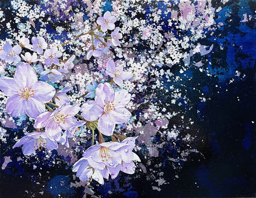 零れ桜　油彩、アルミ箔、カンヴァス　31.8×41cm　個人蔵