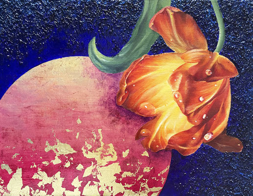strawberry moon night　油彩、金箔、方解石、カンヴァス　31.8×41cm