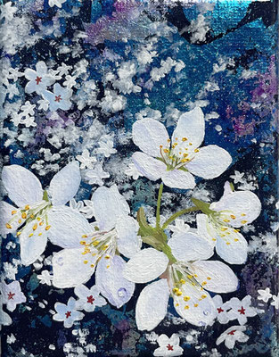 冬の桜色　油彩、アルミ箔、カンヴァス　10×7.5cm　