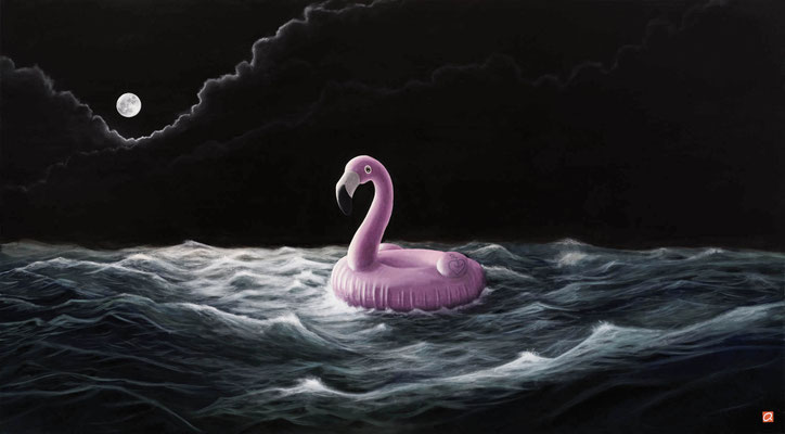 Flamingo bei Vollmond auf See