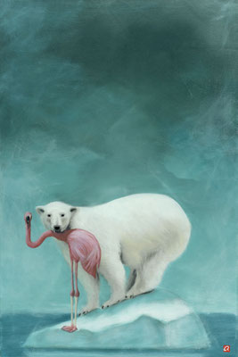 Der Eisbär, der einem Flamingo aus dem Wasser half (90x60)