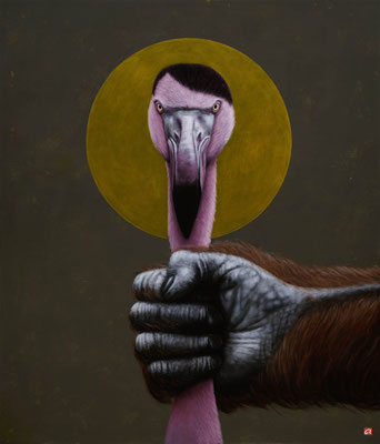 Flamingo der von einem Affen erwürgt wird