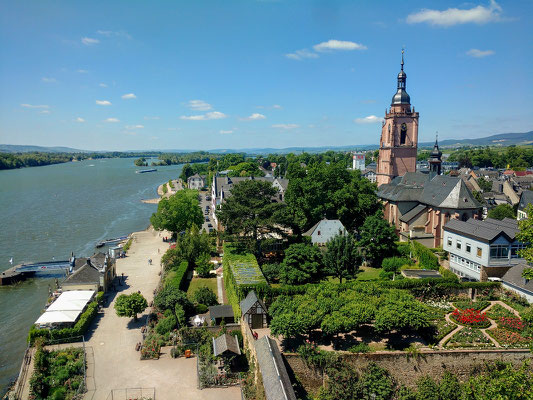 Vista do castelo de Eltville para o Rio Reno e a bela igreja da cidade