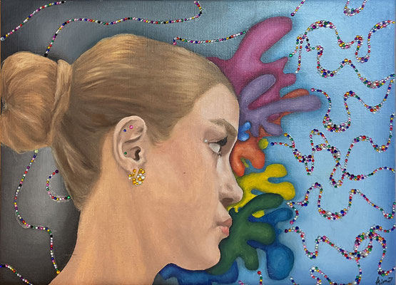 Future comes with the past, 2024, Öl und Glitzersteine auf Papier, 33 x 24 cm 