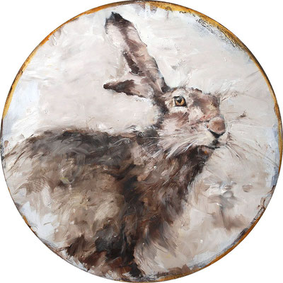 Hase, 2025, Öl auf MDF, Ø 39cm