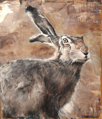 Hase II, 2025, Öl auf Holz,48x41cm