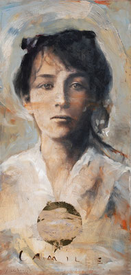 Camille Claudel, 2024, Öl auf Holz, 40 x 22,5 cm