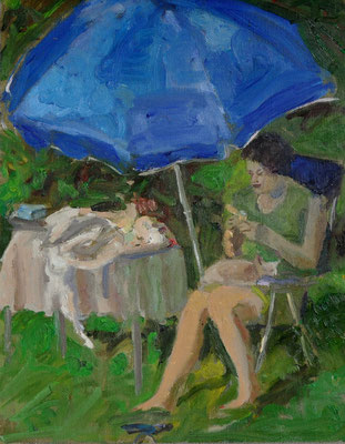 F383 35x45 blue parasol, oil paint on canvas 