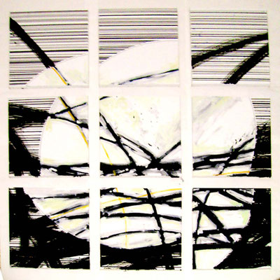 Oussema Troudi, Moonlight sonata, Acrylique et encre sur toile, polyptyque, 180x180cm, 2009.