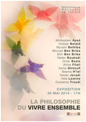 Affiche de l'exposition "Philosophie du vivre ensemble", crée à partir d'une photos des origamis (voir images suivantes).