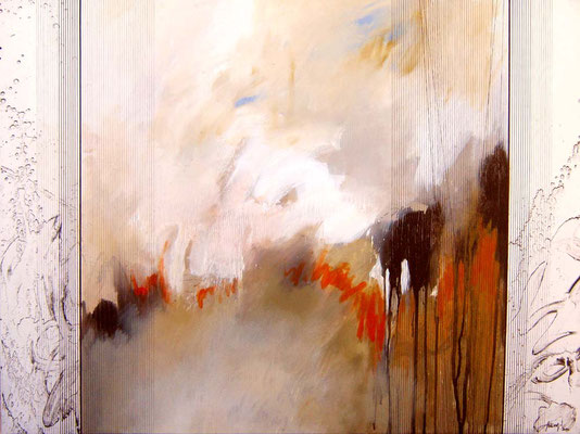 Oussema Troudi, Chair, os et bleu ciel 3, technique mixte sur toile, 130x98cm, 2010.