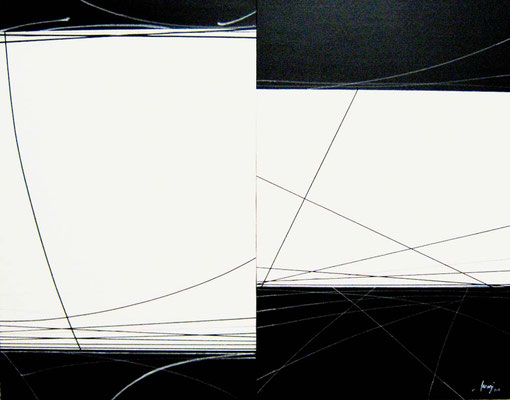 Oussema Troudi, Double bémol, Acrylique et encre sur toile, diptyque, 100x160cm, 2009.