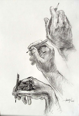 Oussema Troudi, Trois poses au crayon, crayon sur papier, 50x32,5cm, 2008.