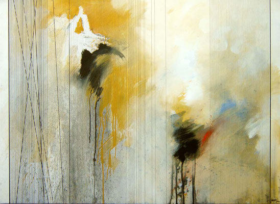 Oussema Troudi, Chair, os et bleu ciel 1, technique mixte sur toile, 130x98cm, 2010.