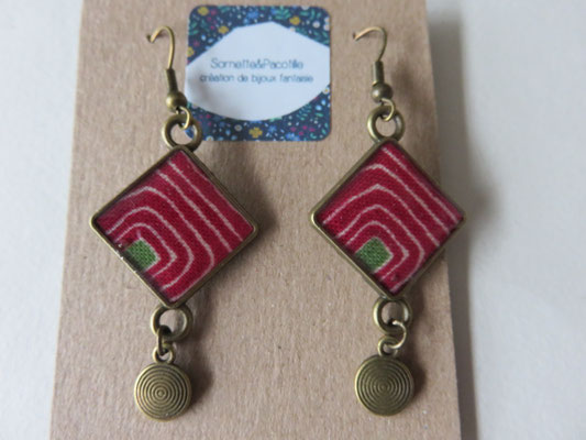 Sornette et Pacotille -Boucle en laiton finition bronze antique - cabochon carré  - breloque - tissus Africain et résine - édition limitée 