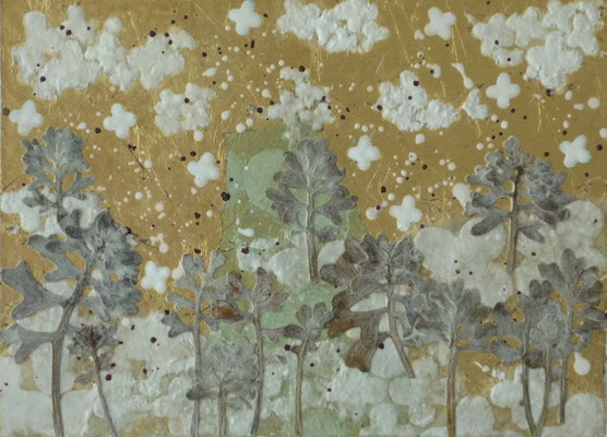 Alain Guillon - Petit voyage éthéré  n°23- 16x23cm -Papier de soie -papier japonais - pigment colorés- végétaux séchés- poudre de marbre - feuille de cuivre dorée- vernis   