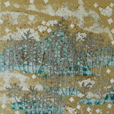 Alain Guillon -  petit voyage éthéré n° 30 - 30x30cm - technique mixte, feuilles de cuivre doré, poudre de marbre, papier de soie, papier japonais, papier murier, pigment coloré, végétaux séchés, vernis.