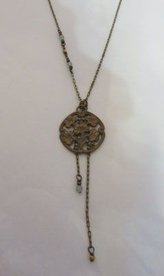 Tabito - sautoir - Long collier en laiton avec pendentif vintage, perle en laiton aventurine 