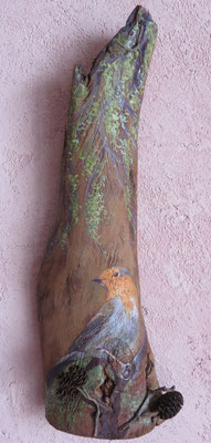 Françoise Trotabas - rouge gorge - écorce d'eucalyptus - peinture à l'huile - pomme de pin - branche 
