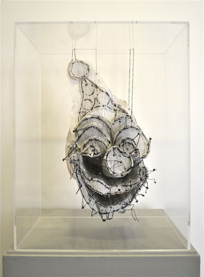 Masks, Printed papers, thread, plexiglass, 18.5 x 14 x 10 in, 2014