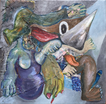 Run to the damp wooden house, 2021, Oil, acrylic, oil pastel on hand-sewn canvas, 10 x 10in