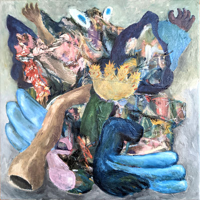 A joyful fairy, 2021, Oil, acrylic, oil pastel on hand-sewn canvas, 10 x 10in
