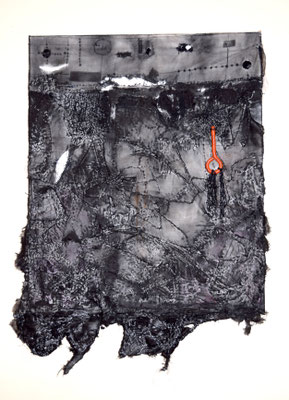 Marching of a leg, 2015, Acrylic, charcoal, fabric, found object, hand-sewing on canvas, 26 x 34 in
