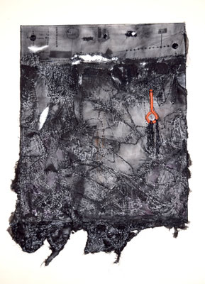 Marching of a leg, 2015, Acrylic, charcoal, fabric, found object, hand-sewing on canvas, 26 x 34 in