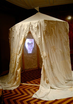 Circus tent, Collagraph on hand-sewn fabric, stop-motion video, wire  and wood, 8 x 11 feet in diameter, 2013 