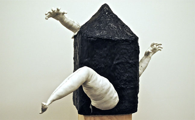 Bursting out of wonderland, 2014, Plaster, sumi ink, grafite and hand-sewn fabric, 27 x 32 x 42 in