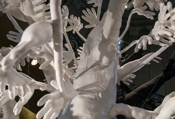 Identify tree (Detail), 2017, Hand-sewn fabric, recycled fiberfill, cardboard, wood, wire and dyed gloves, 12 x 11 feet (3.7 x 3.4 m) Juried Exhibition at National Academy Museum. 