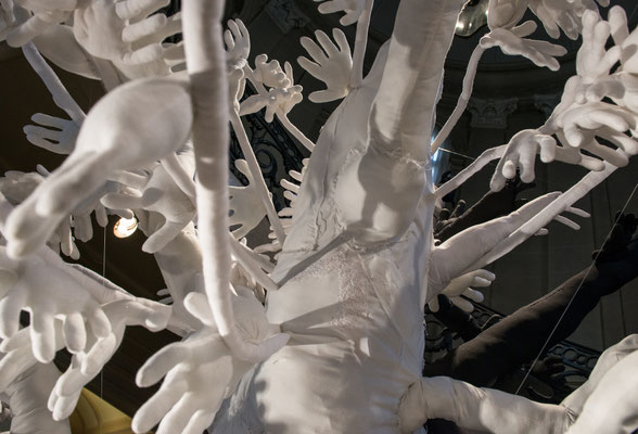 Identify tree (Detail), 2017, Hand-sewn fabric, recycled fiberfill, cardboard, wood, wire and dyed gloves, 12 x 11 feet (3.7 x 3.4 m) Juried Exhibition at National Academy Museum. 