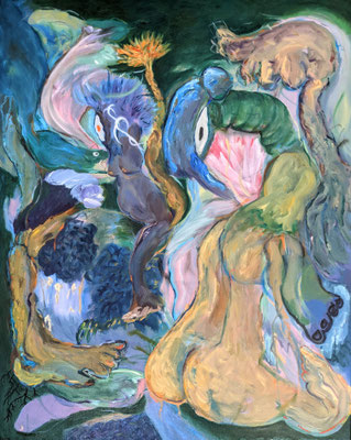The creatures go marching, 2021, Oil, acrylic and oil pastel on canvas, 24 x 30in
