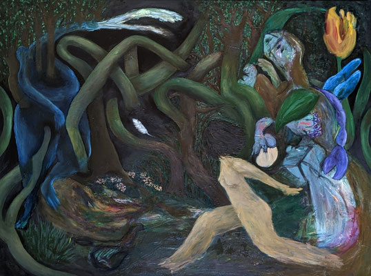 Run into the woods, 2022, Oil, acrylic and oil pastel on canvas, 30 x 40in