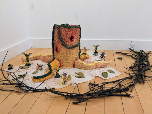 Glazed ceramic and tree brunches, Part of the social engaging project, 'The (Secret) Garden'