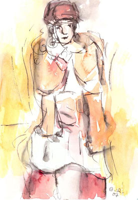 "Rote Mütze", 2007 - Mischtechnik auf Papier, 10x15 cm