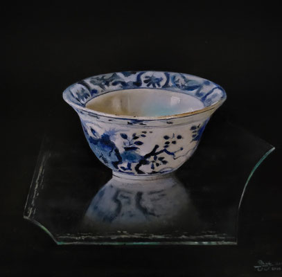 Blauw schaaltje ~ 20x20 cm ~ Olieverf op paneel